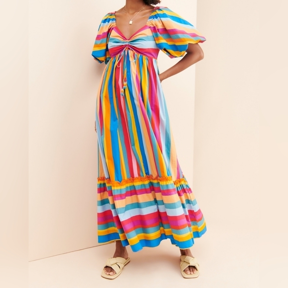 FARM RIO Puff Sleeve Striped Scarf Maxi Dress, Multi-Color, Size Women's XS